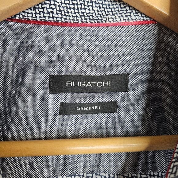 Bugatchi shaped fit button down, geometric design, navy, size medium - Picture 5 of 7